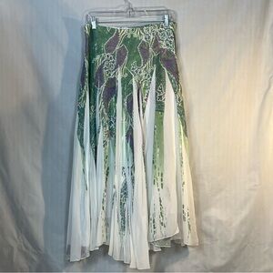 Reba MIDI Skirt Pleated Swing Stretch Waist Green & Purple Paisley Feminine L